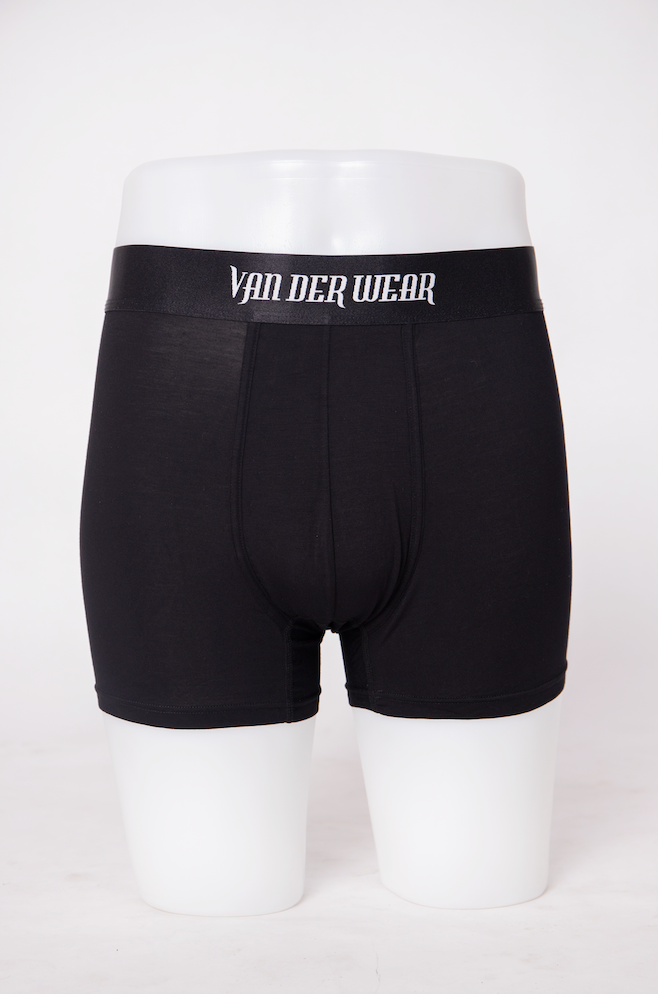 Black boxer briefs made of stretchy fabrics designed for comfort and performance.