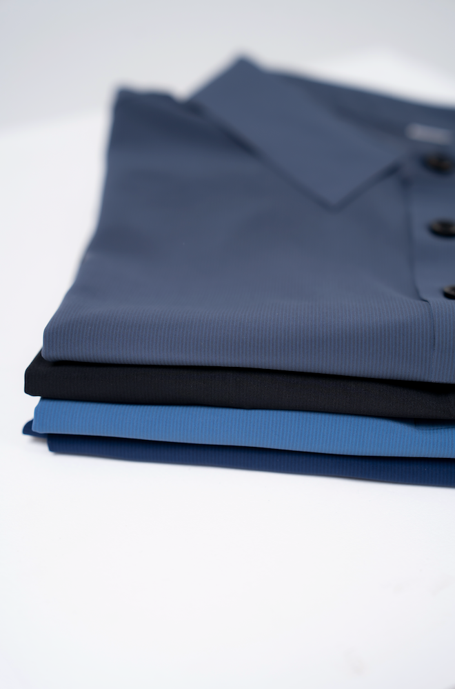 the Vitaly 4-pack folded collared short-sleeve polo shirt in slate grey, navy blue and black designed for comfort made from stretchy fabric.